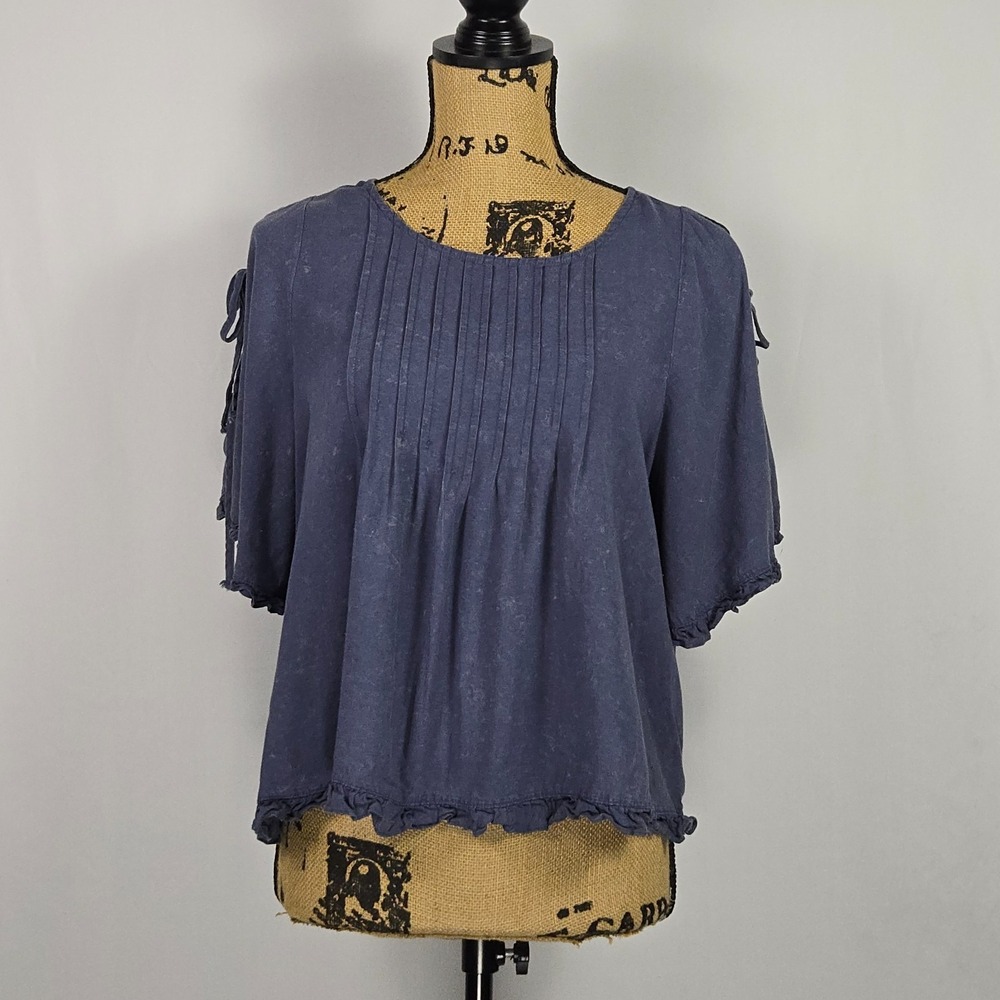 Hem & Thread Boho Blouse S Blue Linen Blend Pintuck Ruffle Cottagecore Indigo